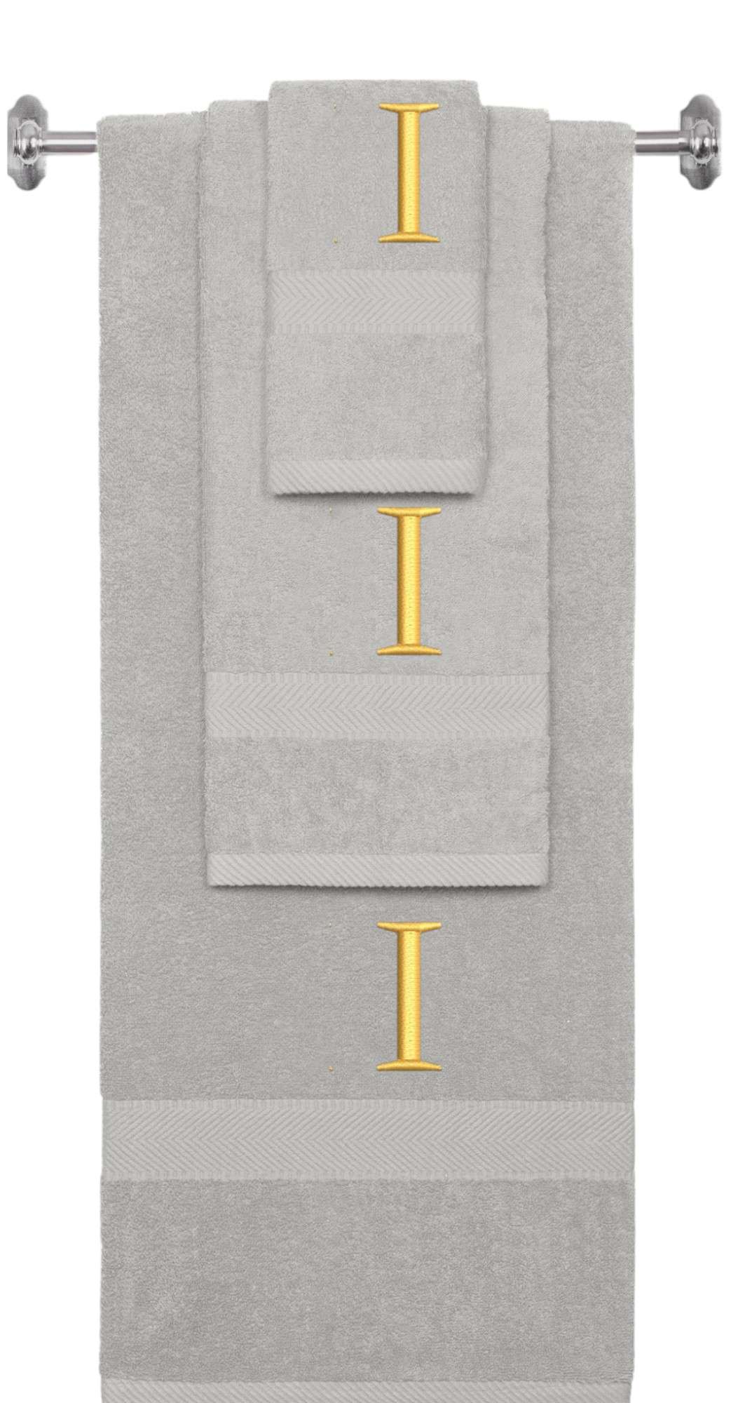 Silver monogrammed towel set with Gold thread, Times New Roman font, initial I - 540 GSM cotton 3-piece