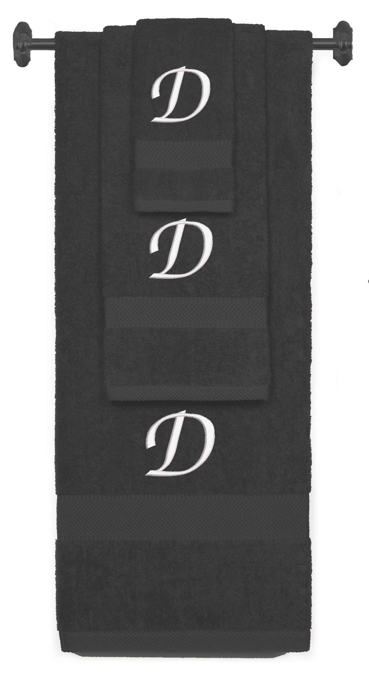 Charcoal monogrammed towel set with White thread, Chancery font, initial D - 540 GSM cotton 3-piece