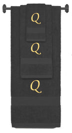 Charcoal monogrammed towel set with Gold thread, Chancery font, initial Q - 540 GSM cotton 3-piece
