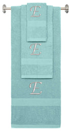 Nautical Teal monogrammed towel set with Silver thread, Chancery font, initial E - 540 GSM cotton 3-piece