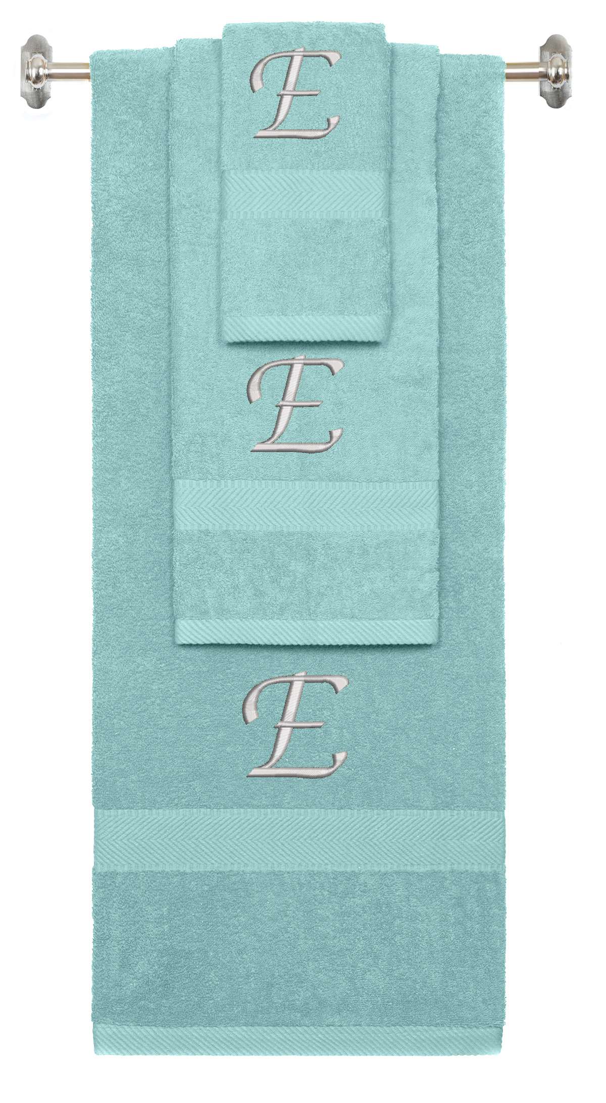 Nautical Teal monogrammed towel set with Silver thread, Chancery font, initial E - 540 GSM cotton 3-piece
