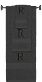 Charcoal monogrammed towel set with Black thread, Times New Roman font, initial R - 540 GSM cotton 3-piece