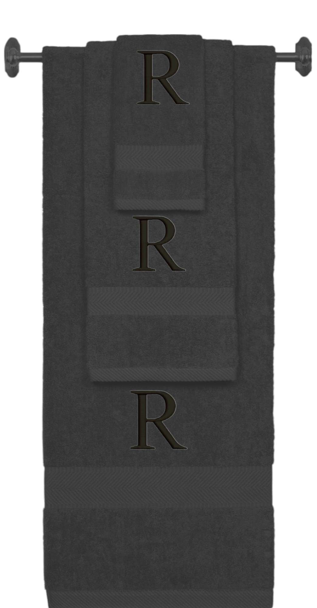 Charcoal monogrammed towel set with Black thread, Times New Roman font, initial R - 540 GSM cotton 3-piece