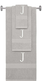 Silver monogrammed towel set with White thread, Times New Roman font, initial J - 540 GSM cotton 3-piece