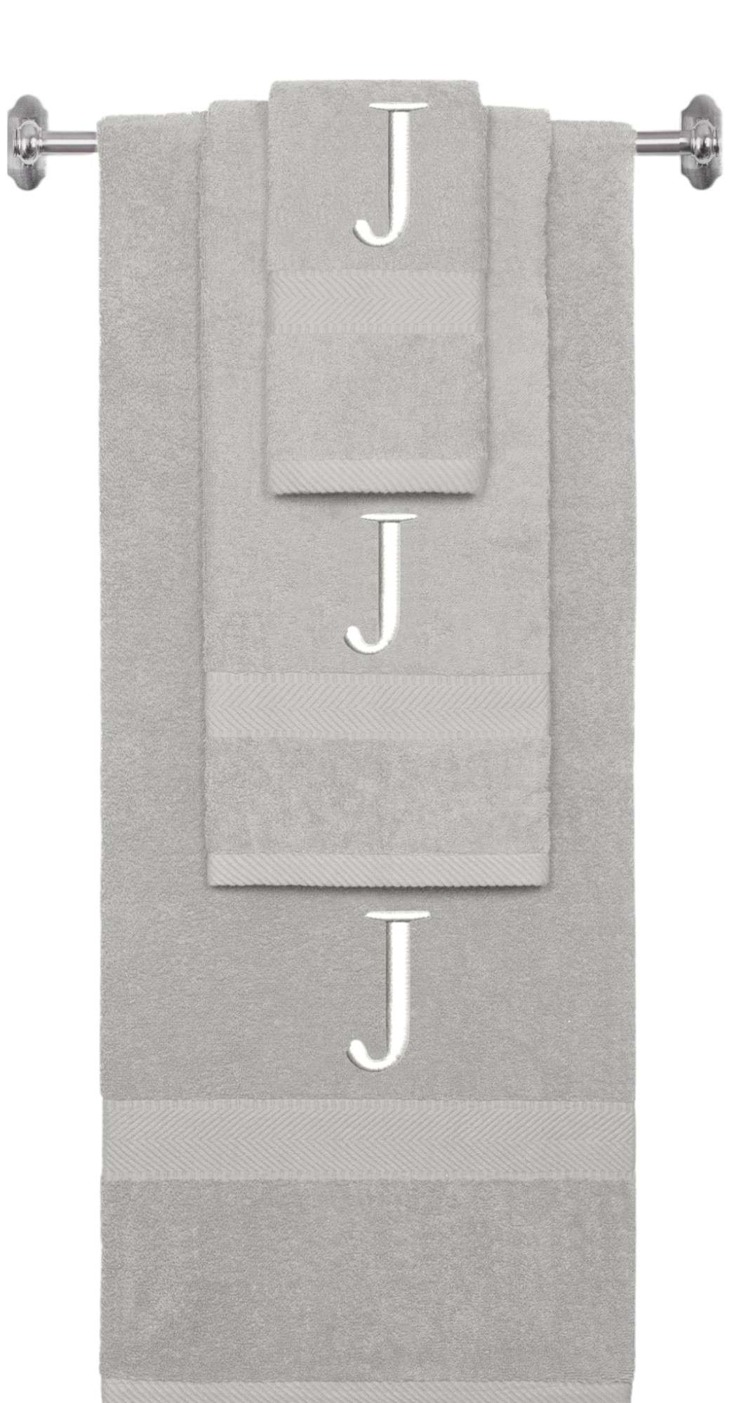 Silver monogrammed towel set with White thread, Times New Roman font, initial J - 540 GSM cotton 3-piece