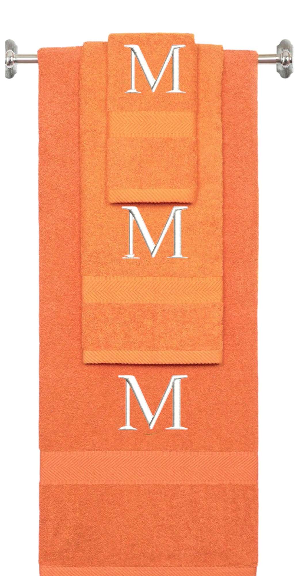 Orange monogrammed towel set with White thread, Times New Roman font, initial M - 540 GSM cotton 3-piece