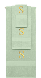 Mint Green monogrammed towel set with Gold thread, Times New Roman font, initial S - 540 GSM cotton 3-piece