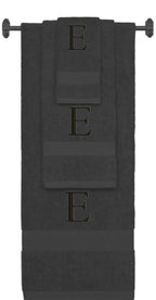 Charcoal monogrammed towel set with Black thread, Times New Roman font, initial E - 540 GSM cotton 3-piece