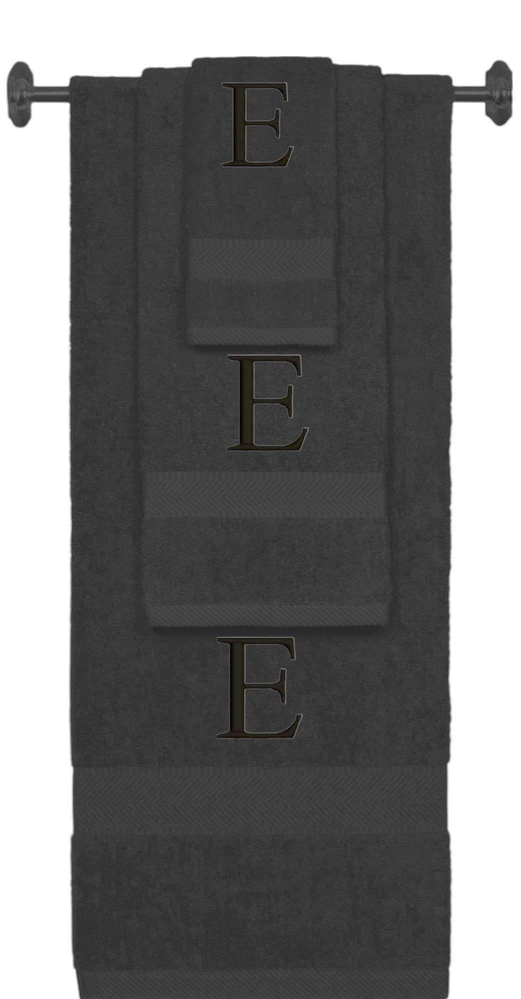 Charcoal monogrammed towel set with Black thread, Times New Roman font, initial E - 540 GSM cotton 3-piece