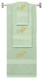 Mint Green monogrammed towel set with Gold thread, Diana Script font, initial N - 540 GSM cotton 3-piece
