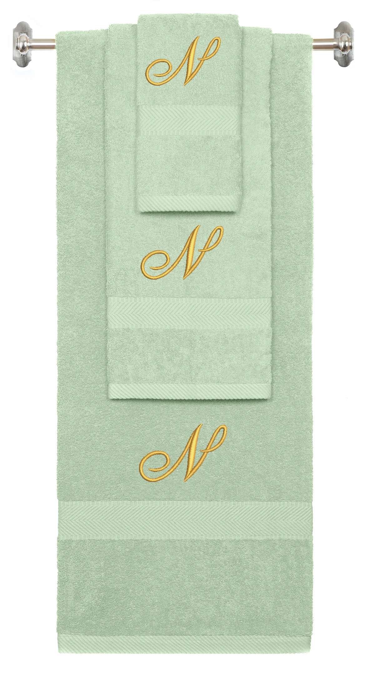 Mint Green monogrammed towel set with Gold thread, Diana Script font, initial N - 540 GSM cotton 3-piece