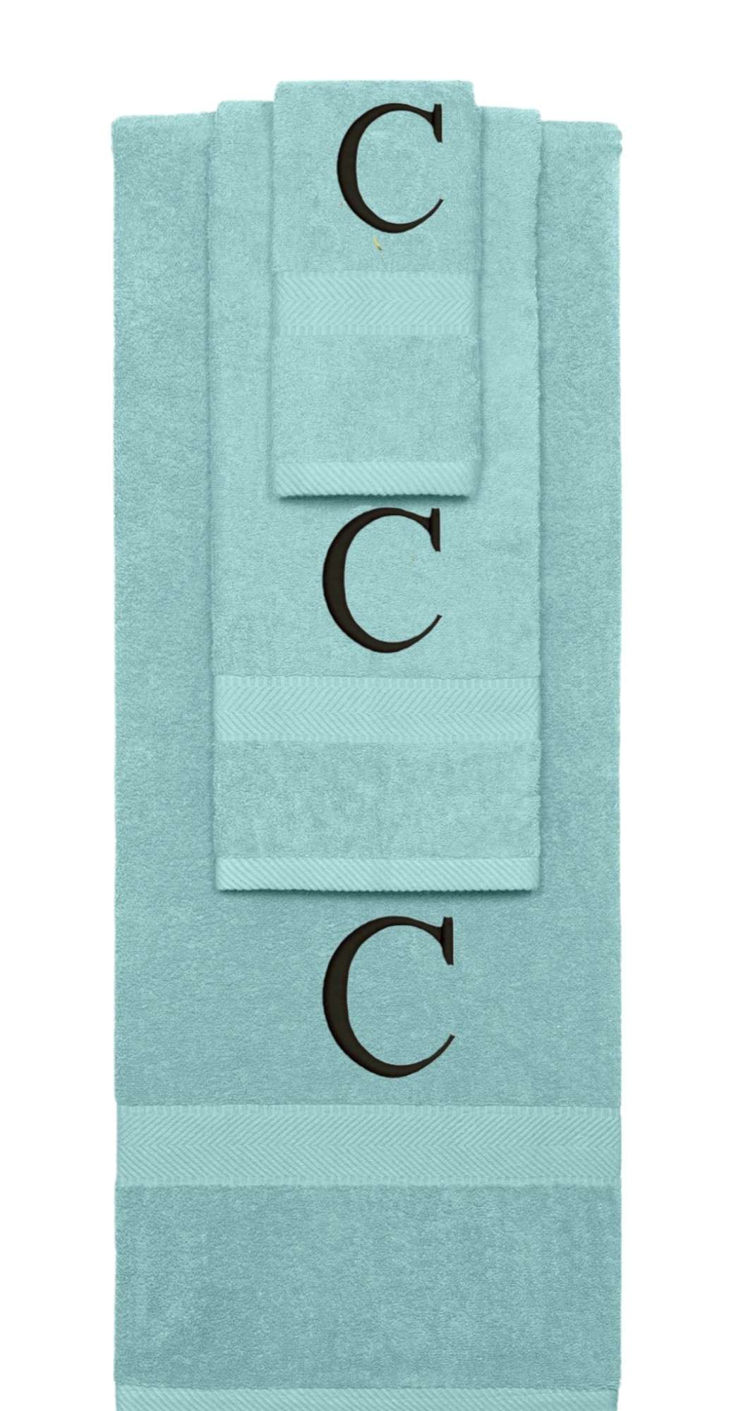 Nautical Teal monogrammed towel set with Black thread, Times New Roman font, initial C - 540 GSM cotton 3-piece