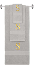 Silver monogrammed towel set with Gold thread, Times New Roman font, initial S - 540 GSM cotton 3-piece