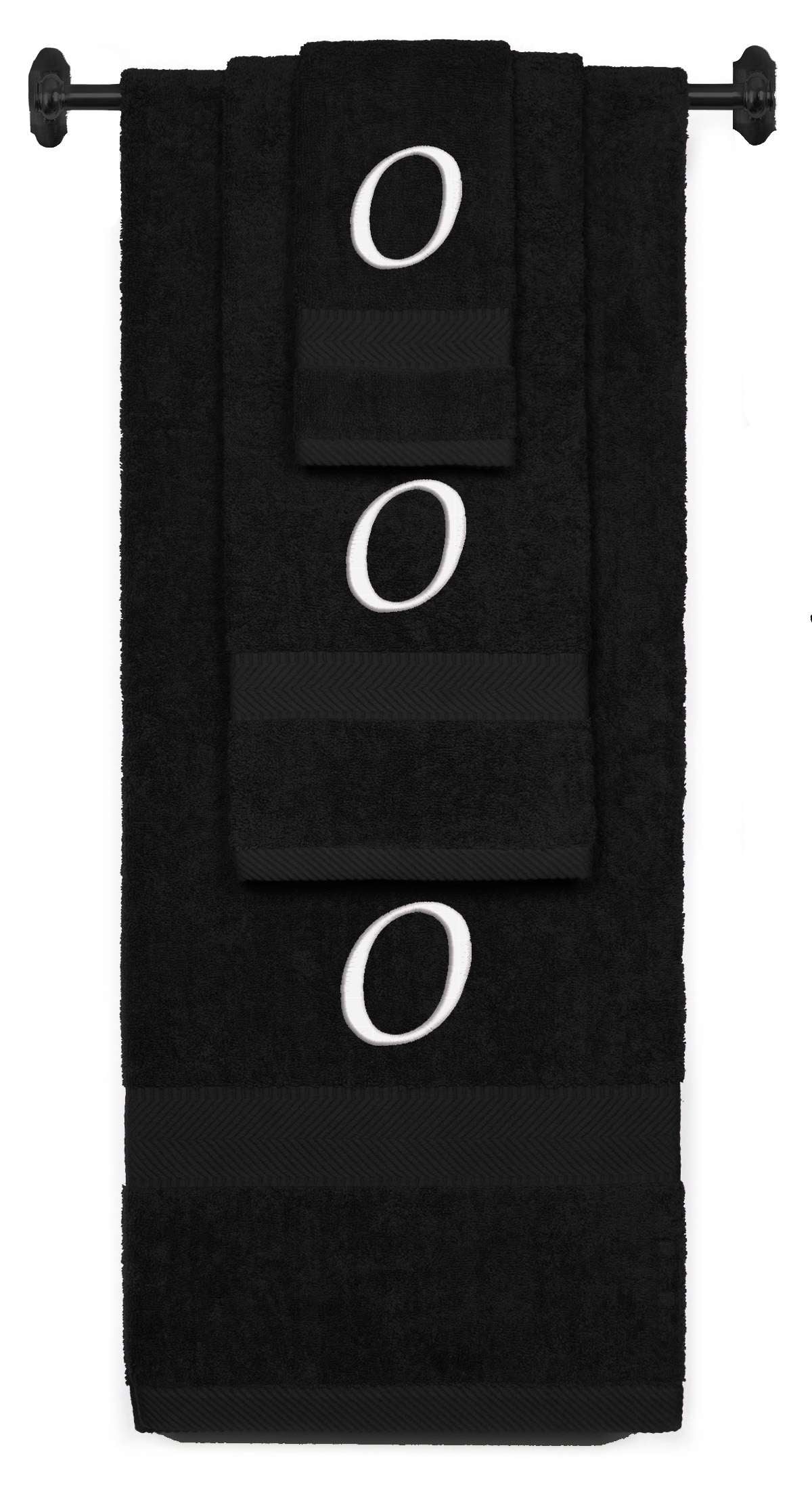 Black monogrammed towel set with White thread, Chancery font, initial O - 540 GSM cotton 3-piece