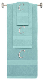 Nautical Teal monogrammed towel set with Silver thread, Chancery font, initial C - 540 GSM cotton 3-piece
