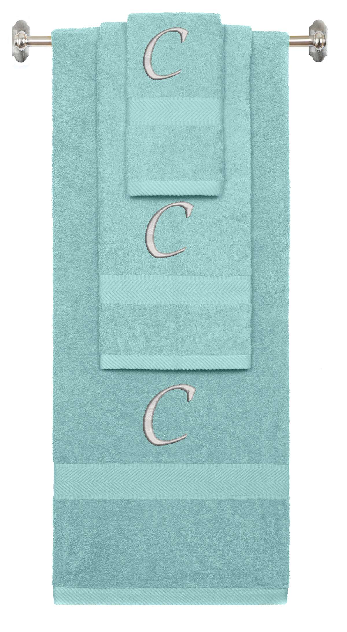 Nautical Teal monogrammed towel set with Silver thread, Chancery font, initial C - 540 GSM cotton 3-piece