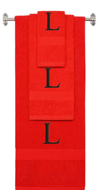 Red monogrammed towel set with Black thread, Times New Roman font, initial L - 540 GSM cotton 3-piece