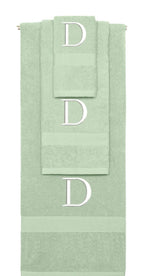Mint Green monogrammed towel set with White thread, Times New Roman font, initial D - 540 GSM cotton 3-piece
