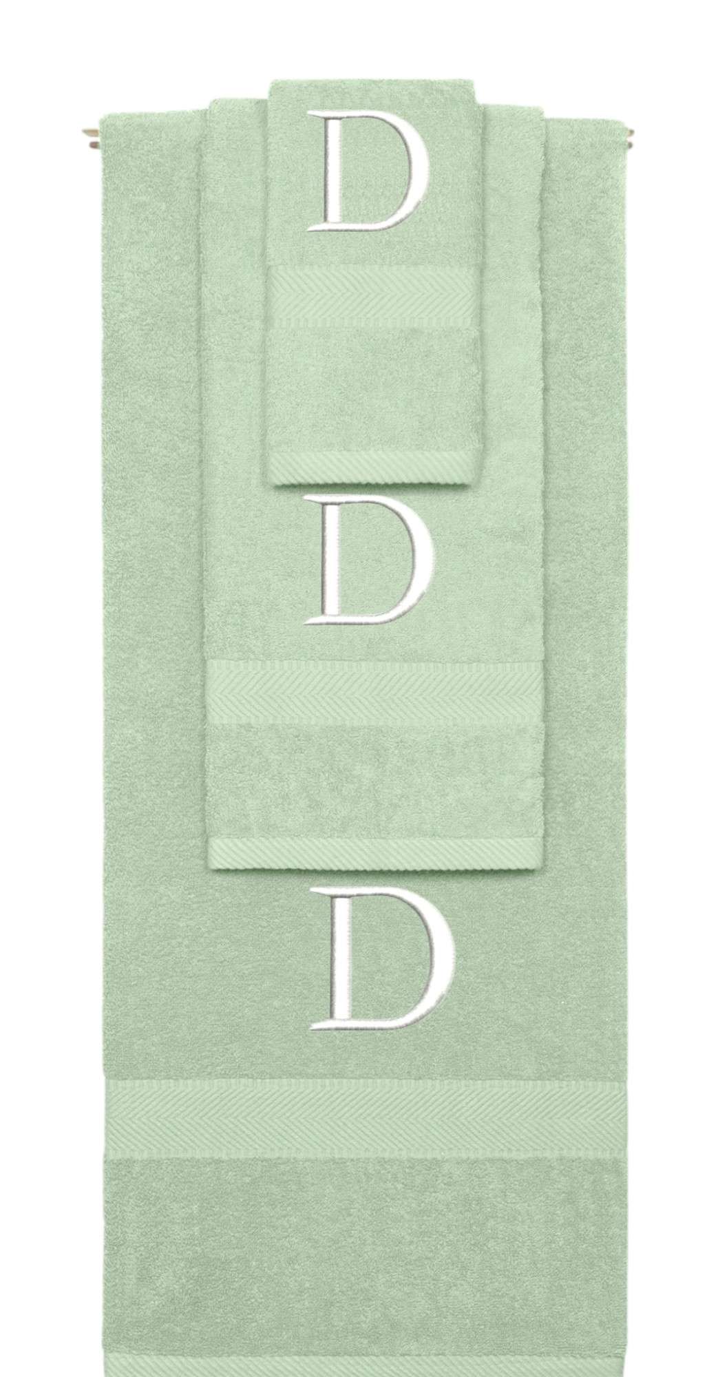 Mint Green monogrammed towel set with White thread, Times New Roman font, initial D - 540 GSM cotton 3-piece