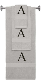 Silver monogrammed towel set with Black thread, Times New Roman font, initial A - 540 GSM cotton 3-piece