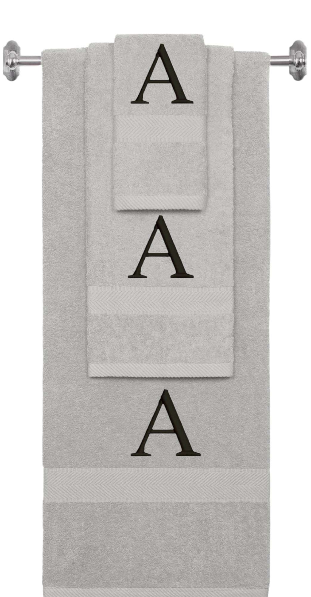 Silver monogrammed towel set with Black thread, Times New Roman font, initial A - 540 GSM cotton 3-piece
