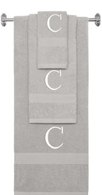 Silver monogrammed towel set with White thread, Times New Roman font, initial C - 540 GSM cotton 3-piece