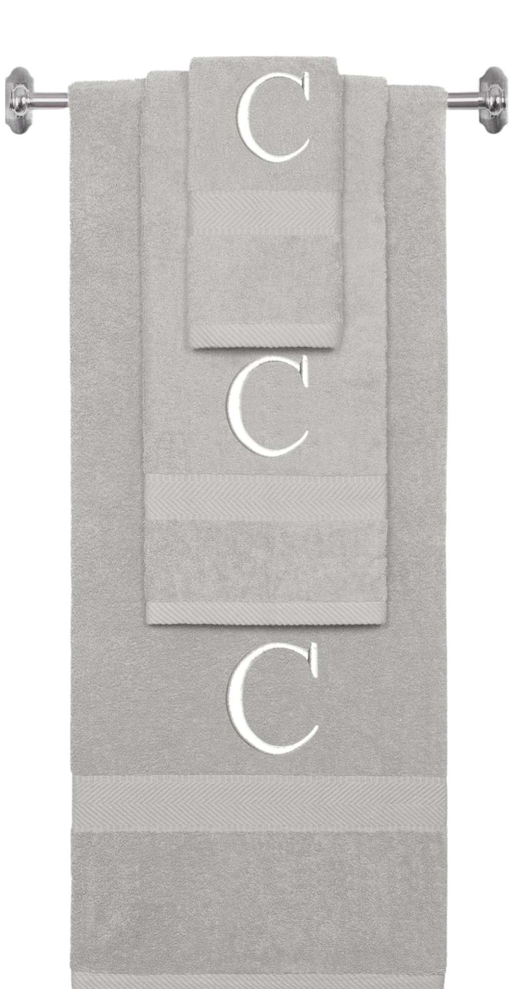 Silver monogrammed towel set with White thread, Times New Roman font, initial C - 540 GSM cotton 3-piece