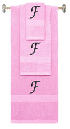Pink monogrammed towel set with Black thread, Chancery font, initial F - 540 GSM cotton 3-piece