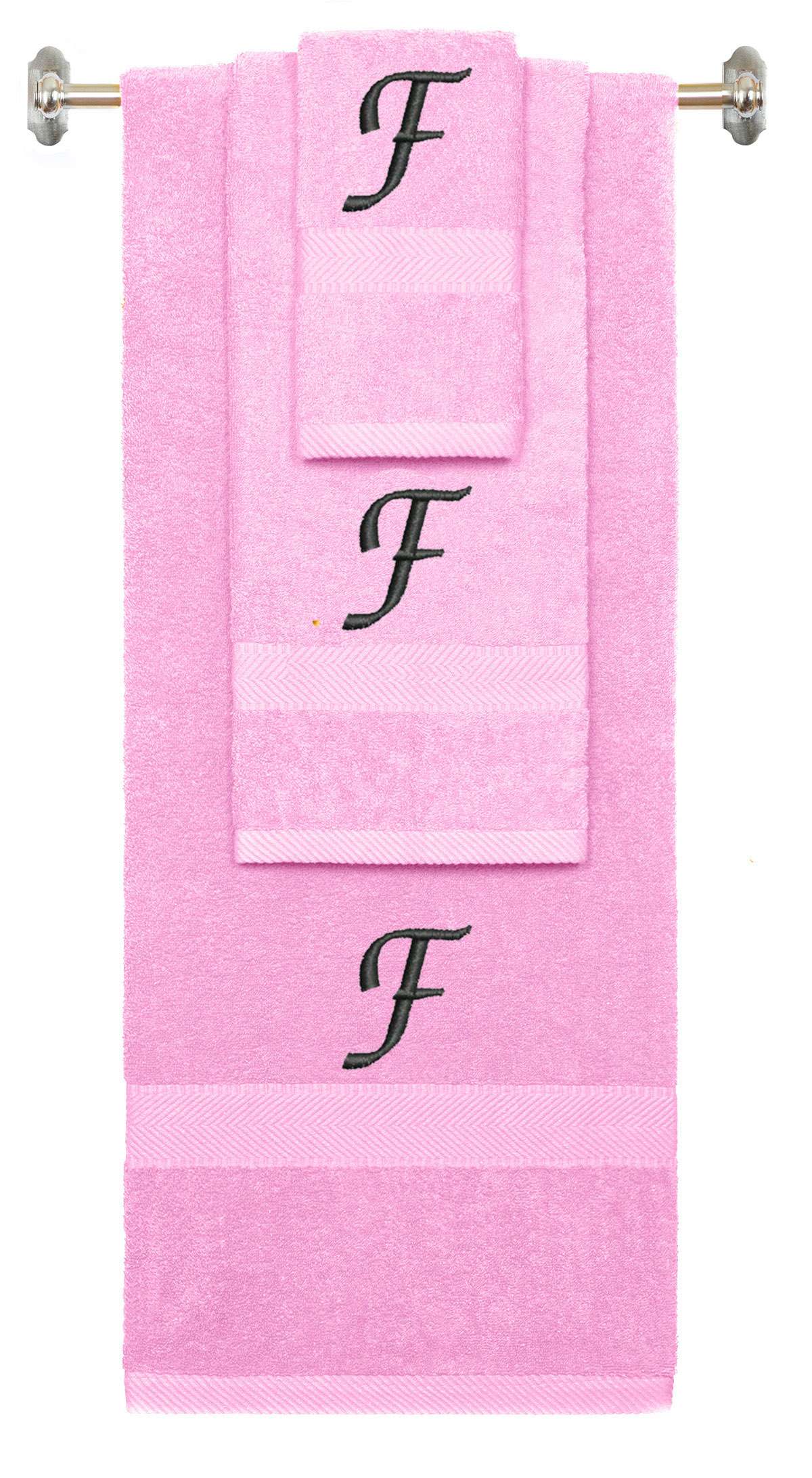 Pink monogrammed towel set with Black thread, Chancery font, initial F - 540 GSM cotton 3-piece