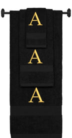 Black monogrammed towel set with Gold thread, Times New Roman font, initial A - 540 GSM cotton 3-piece