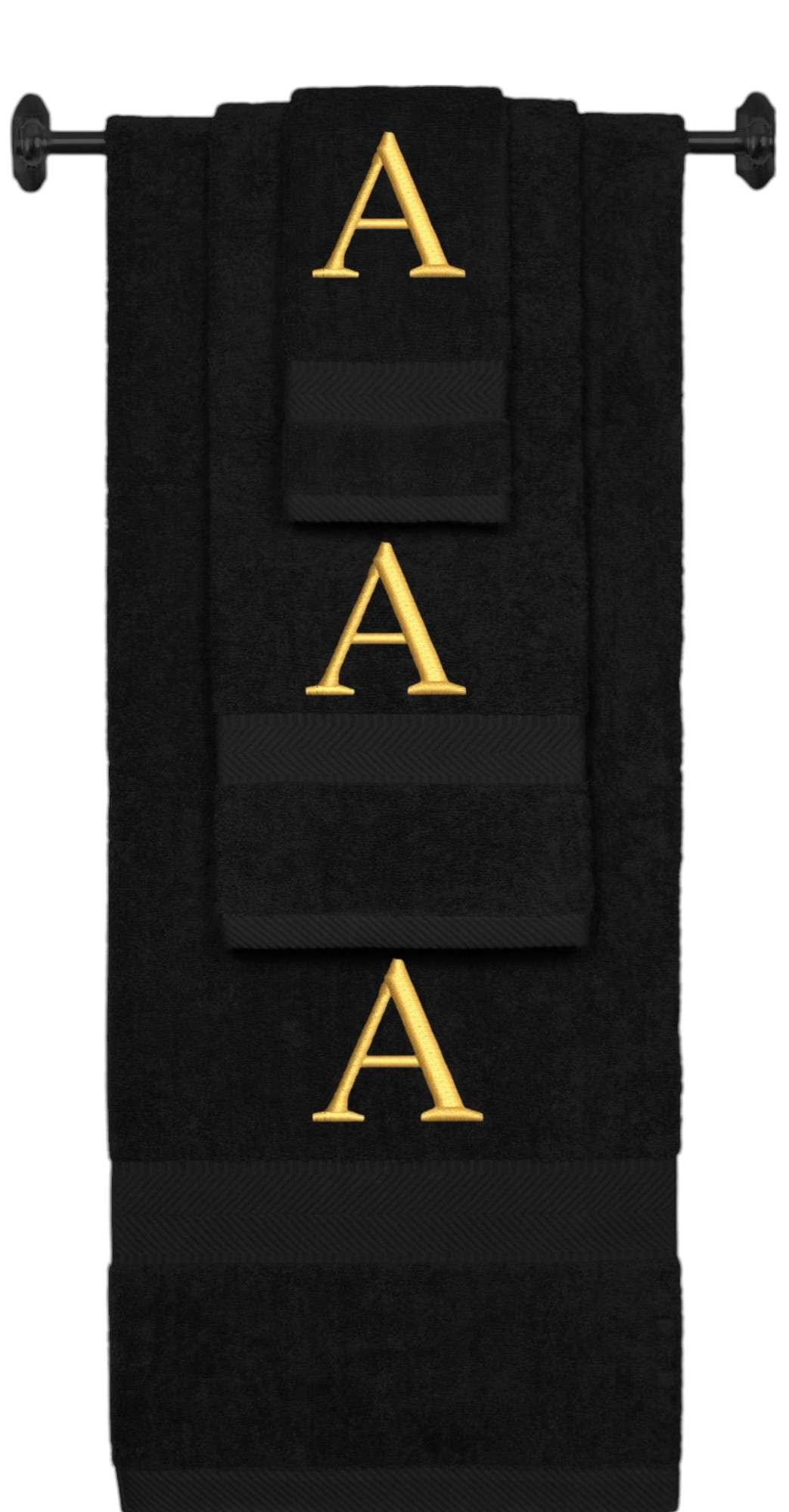 Black monogrammed towel set with Gold thread, Times New Roman font, initial A - 540 GSM cotton 3-piece