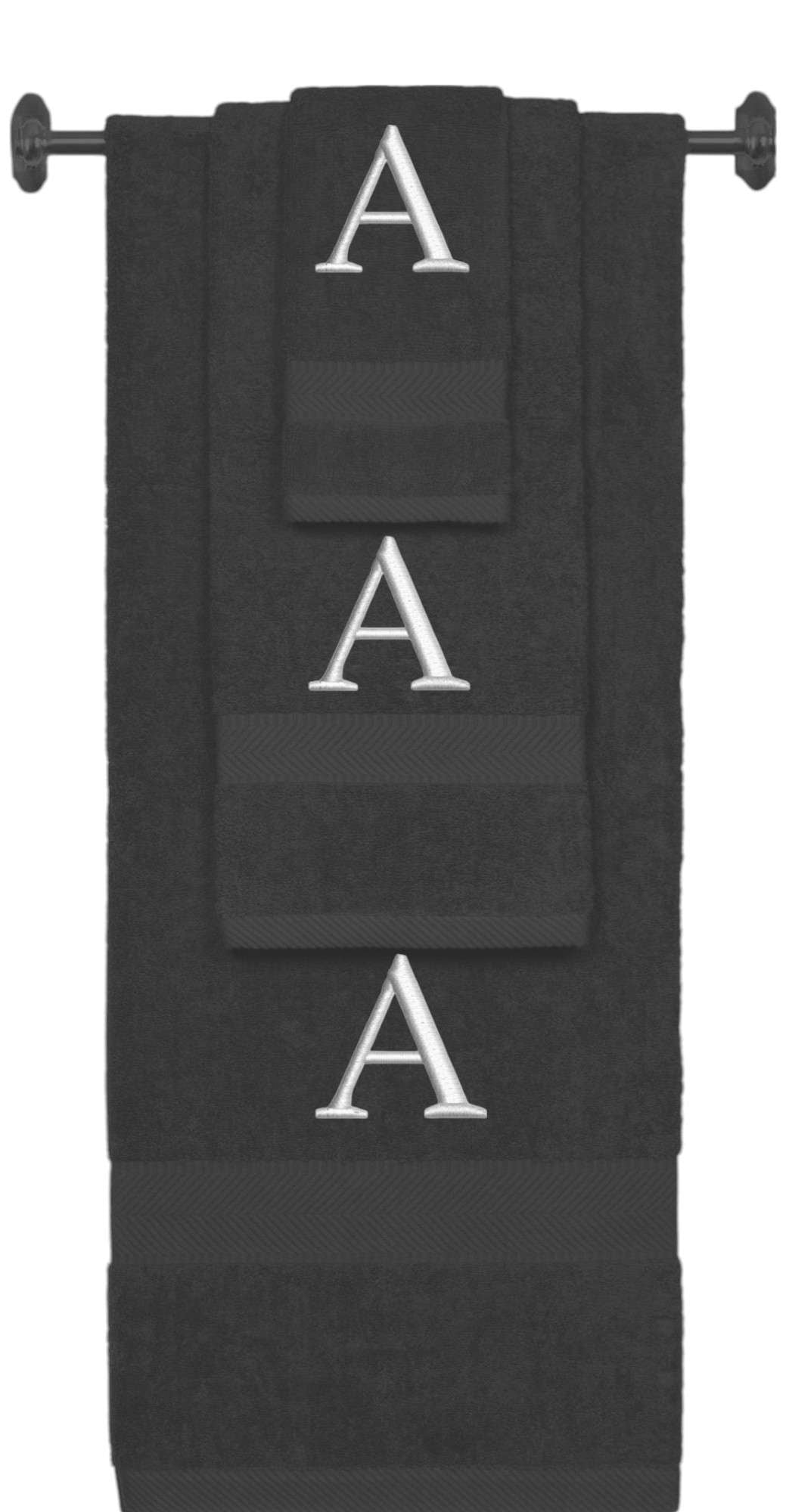 Charcoal monogrammed towel set with Silver thread, Times New Roman font, initial A - 540 GSM cotton 3-piece