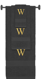Charcoal monogrammed towel set with Gold thread, Times New Roman font, initial W - 540 GSM cotton 3-piece
