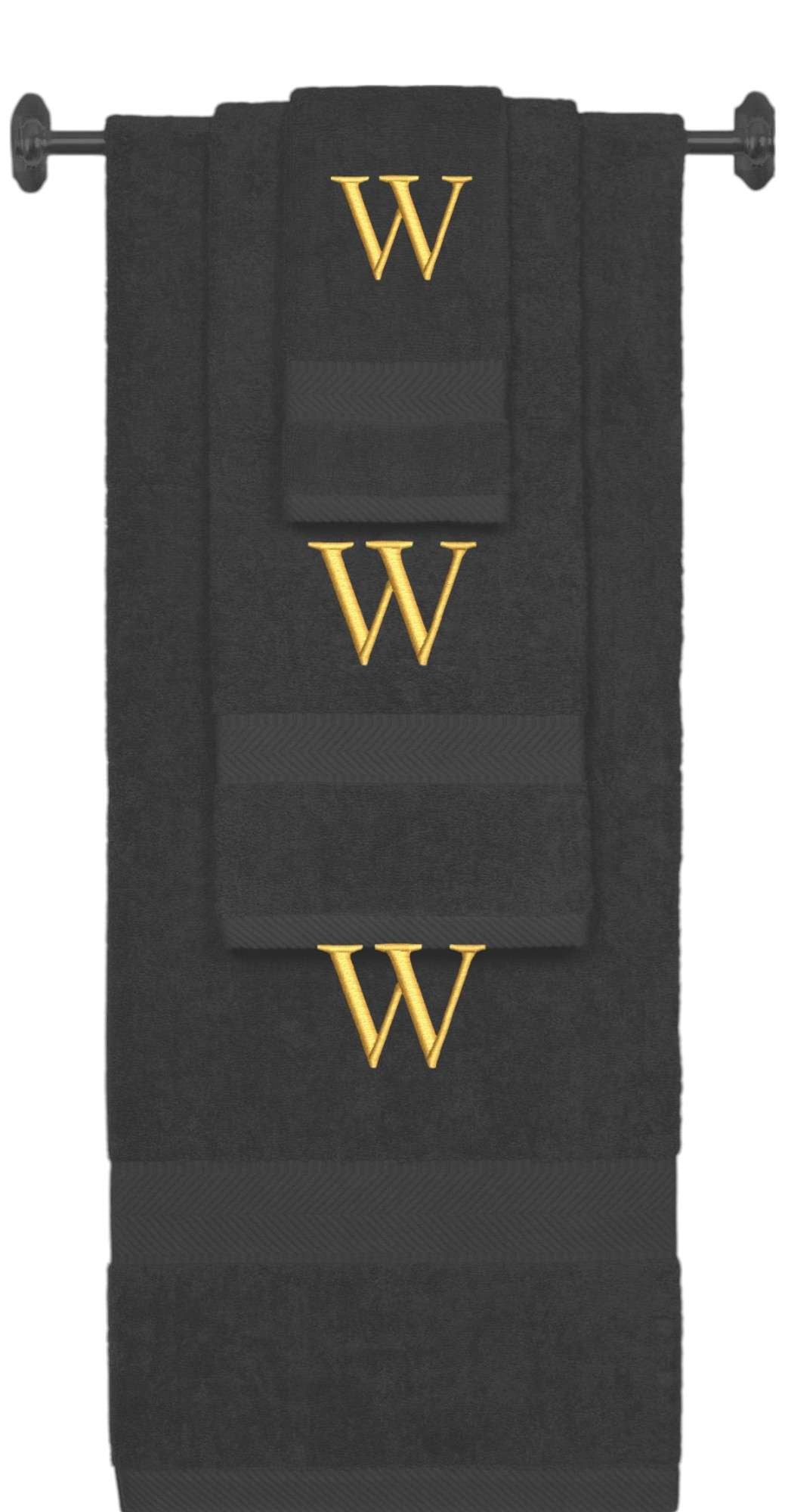 Charcoal monogrammed towel set with Gold thread, Times New Roman font, initial W - 540 GSM cotton 3-piece