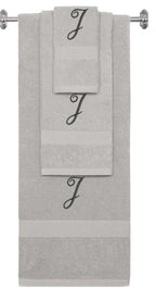 Silver monogrammed towel set with Black thread, Diana Script font, initial J - 540 GSM cotton 3-piece