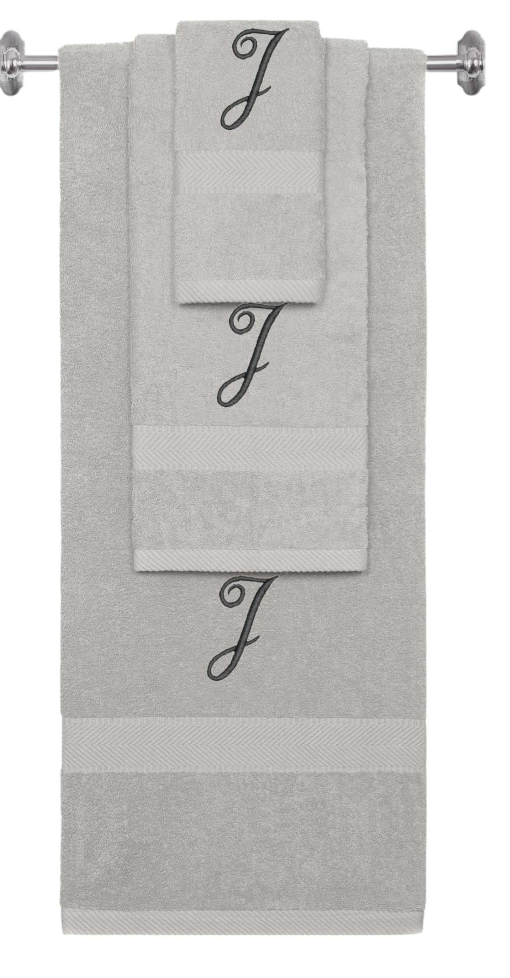Silver monogrammed towel set with Black thread, Diana Script font, initial J - 540 GSM cotton 3-piece