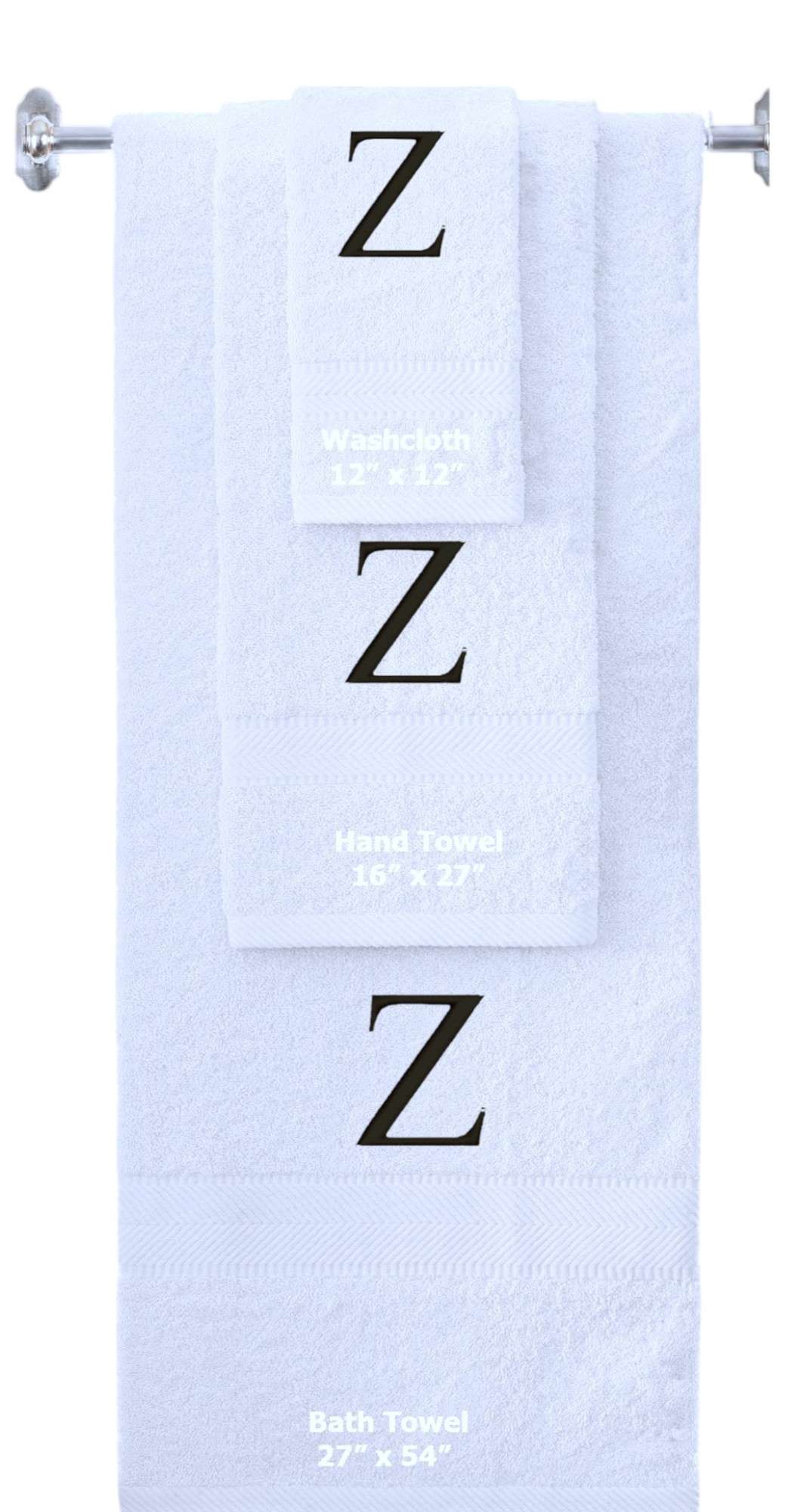White monogrammed towel set with Black thread, Times New Roman font, initial Z - 540 GSM cotton 3-piece