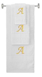White monogrammed towel set with Gold thread, Chancery font, initial A - 540 GSM cotton 3-piece