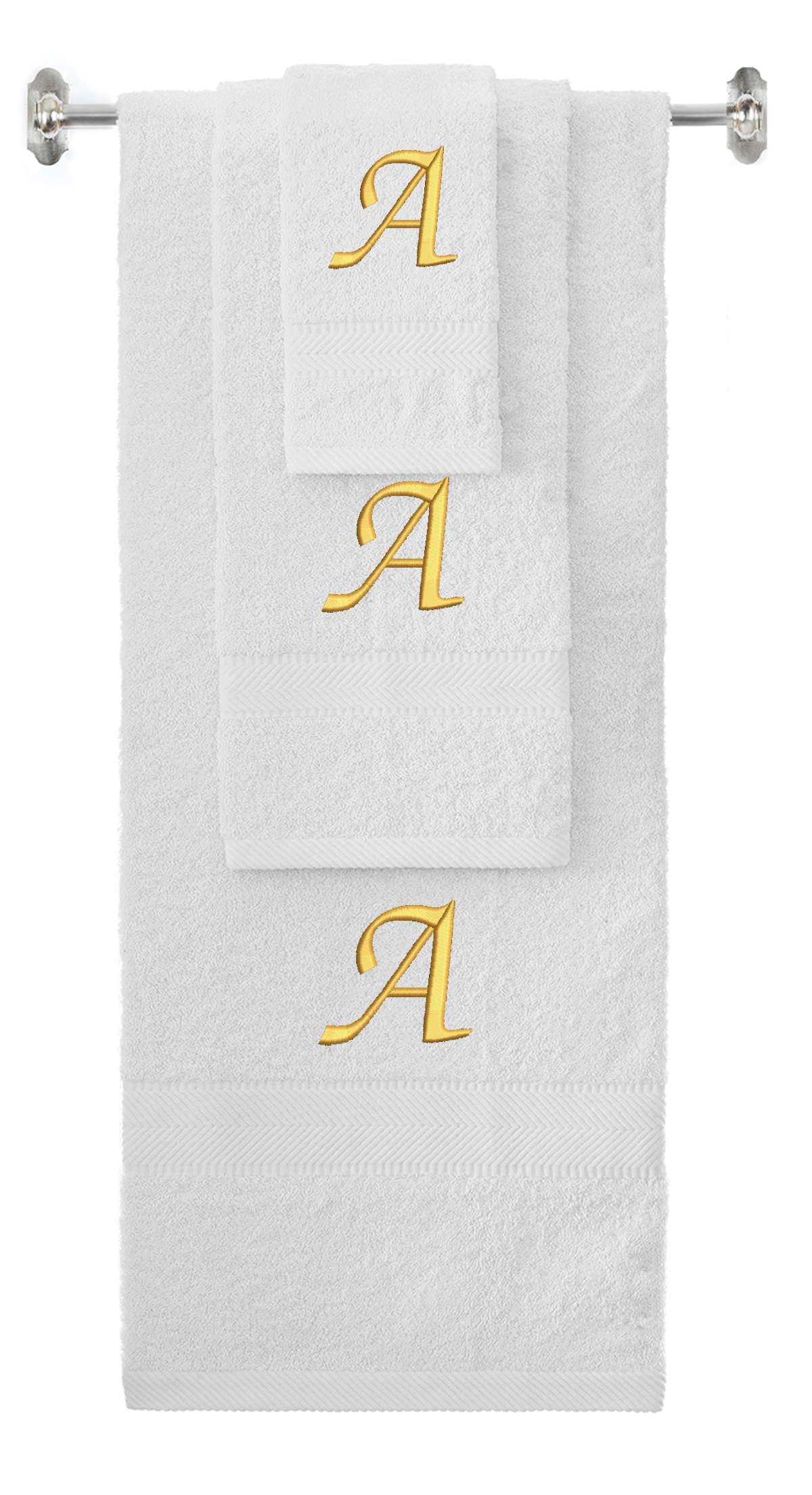 White monogrammed towel set with Gold thread, Chancery font, initial A - 540 GSM cotton 3-piece