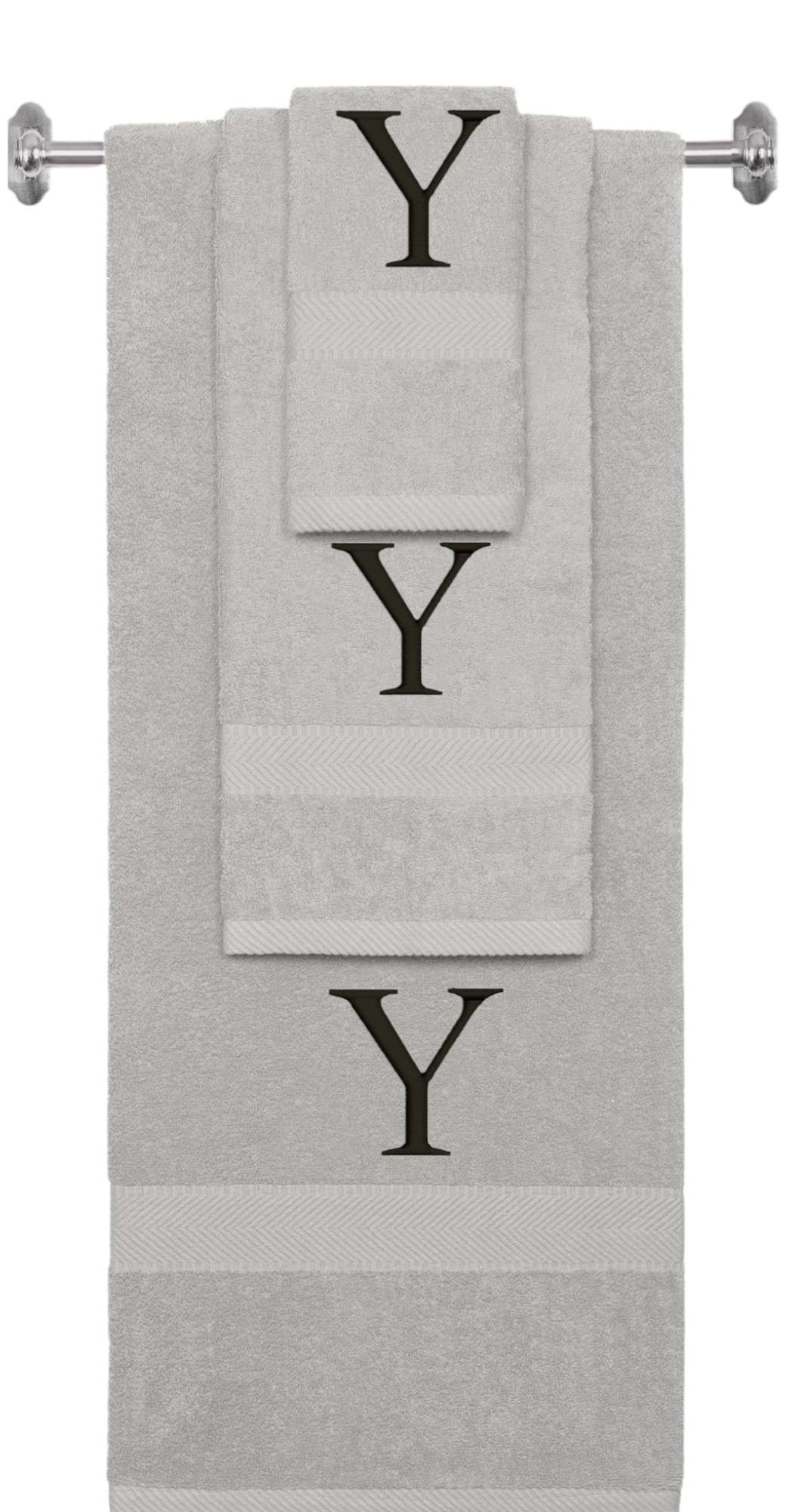 Silver monogrammed towel set with Black thread, Times New Roman font, initial Y - 540 GSM cotton 3-piece
