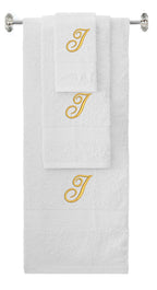 White monogrammed towel set with Gold thread, Diana Script font, initial I - 540 GSM cotton 3-piece