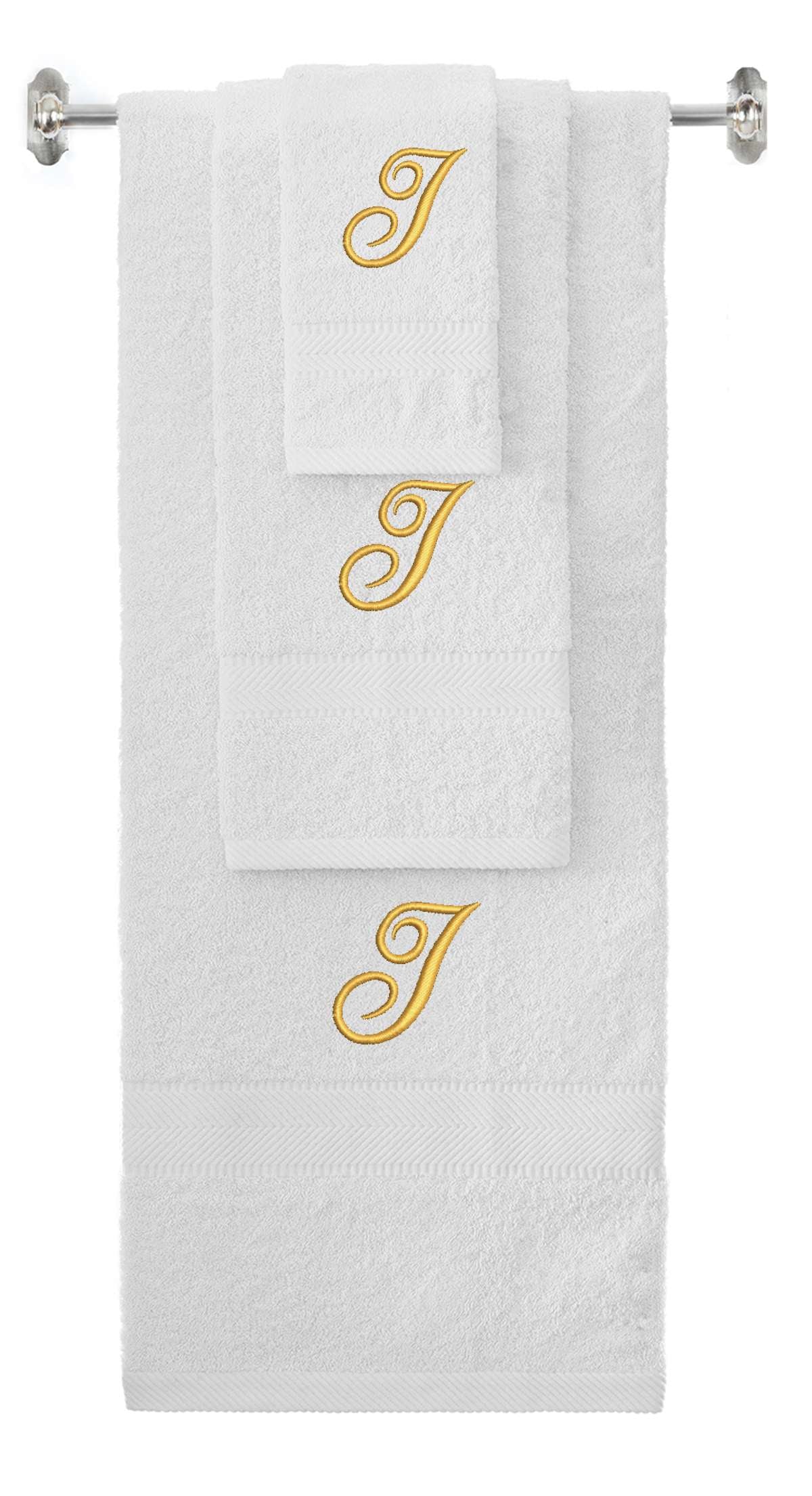 White monogrammed towel set with Gold thread, Diana Script font, initial I - 540 GSM cotton 3-piece