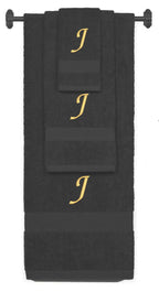 Charcoal monogrammed towel set with Gold thread, Chancery font, initial J - 540 GSM cotton 3-piece