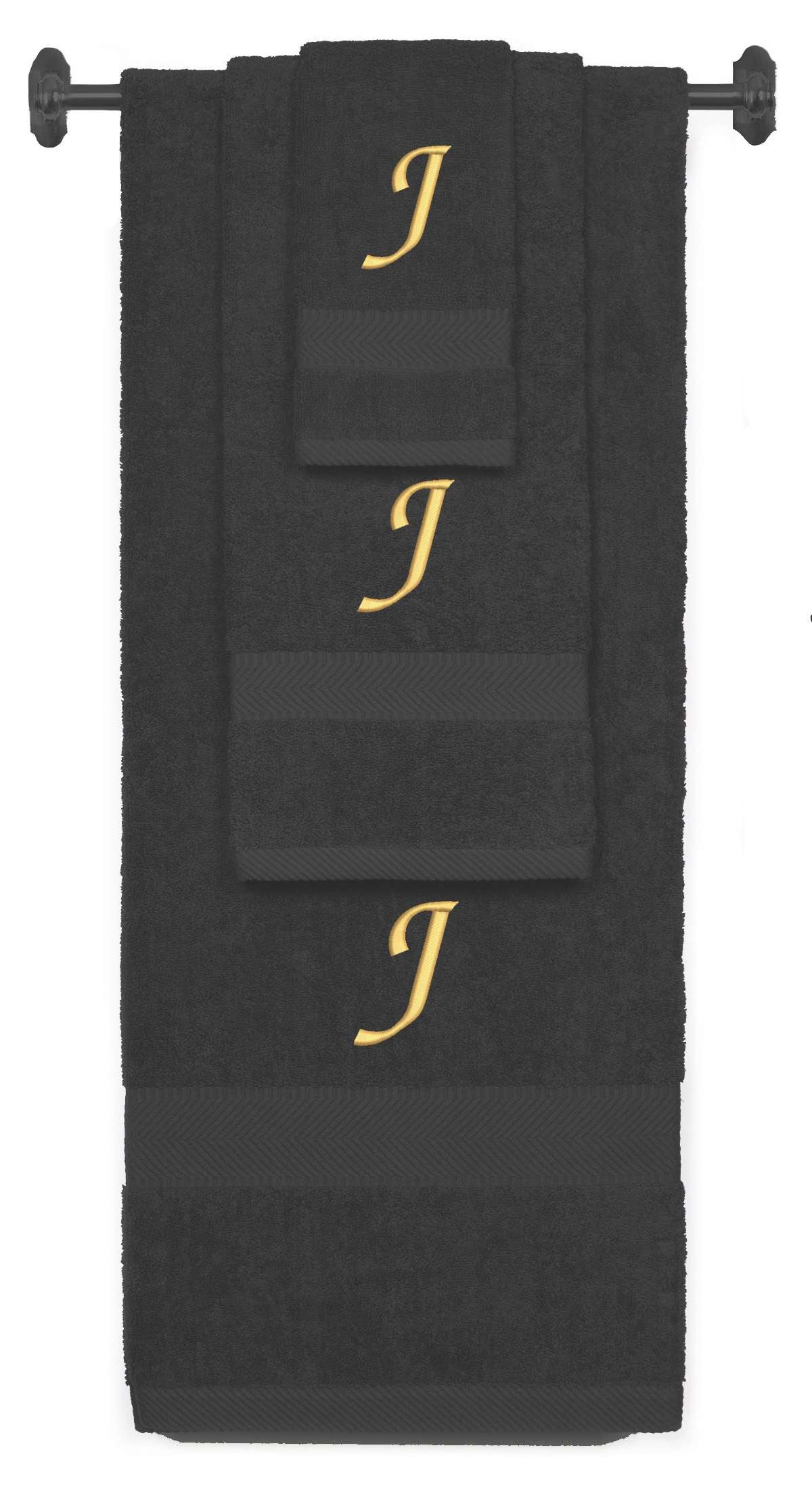 Charcoal monogrammed towel set with Gold thread, Chancery font, initial J - 540 GSM cotton 3-piece