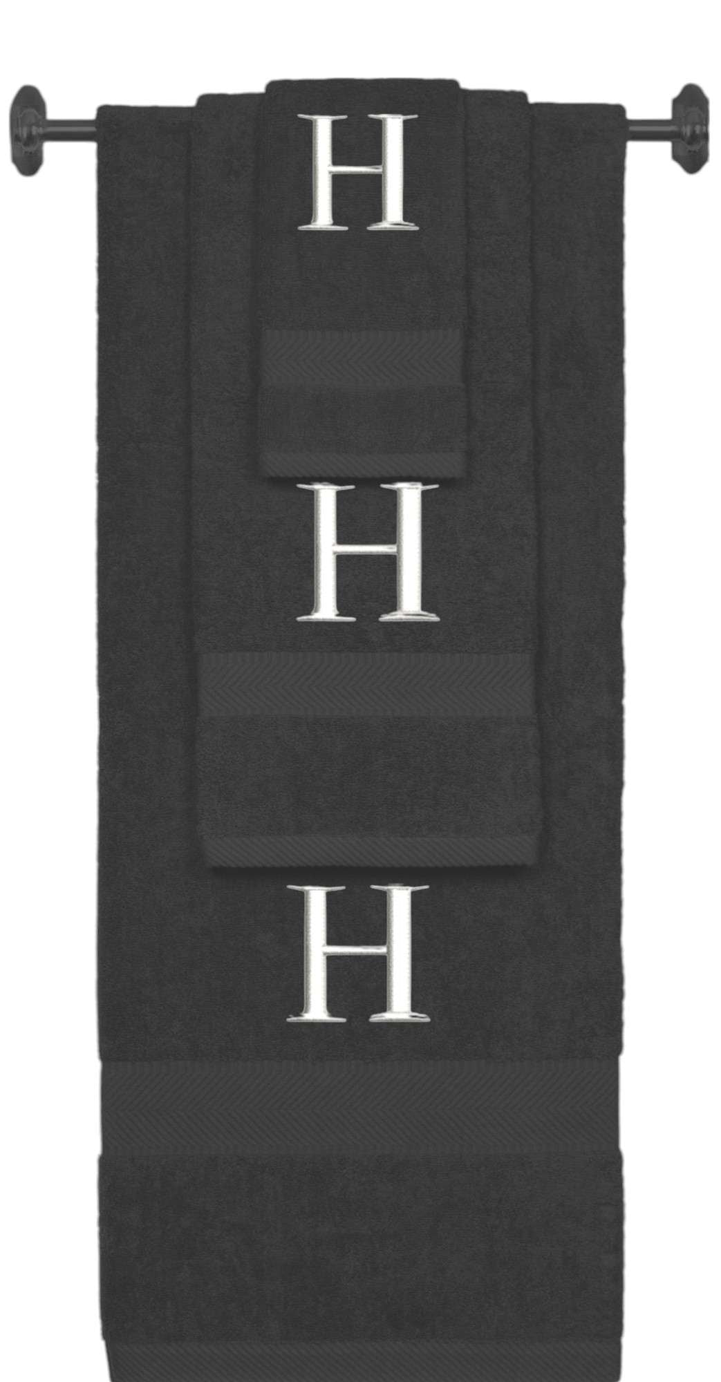 Charcoal monogrammed towel set with White thread, Times New Roman font, initial H - 540 GSM cotton 3-piece