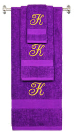 Purple monogrammed towel set with Gold thread, Diana Script font, initial K - 540 GSM cotton 3-piece