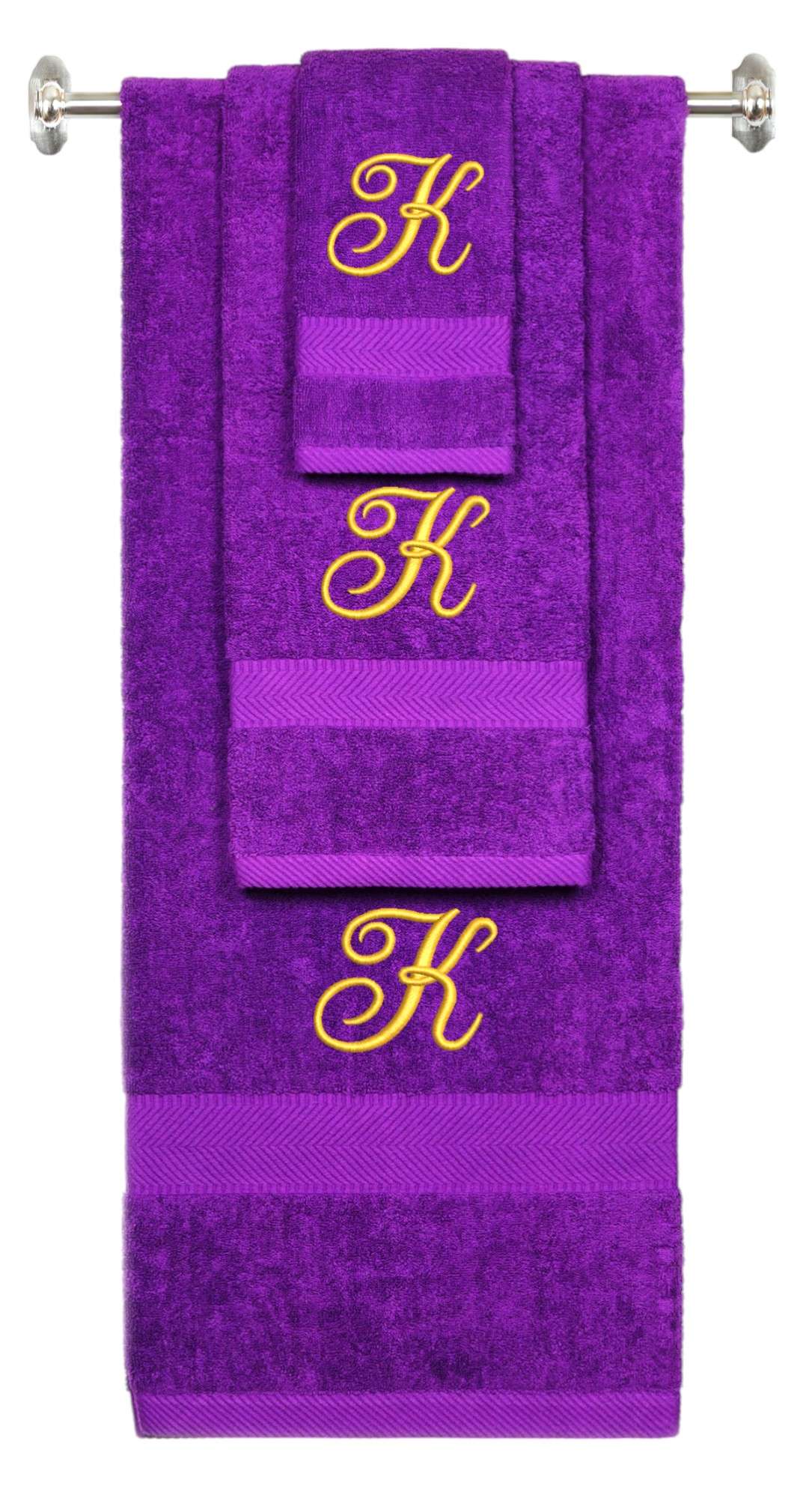 Purple monogrammed towel set with Gold thread, Diana Script font, initial K - 540 GSM cotton 3-piece