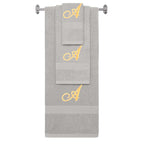 Silver monogrammed towel set with Gold thread, Diana Script font, initial A - 540 GSM cotton 3-piece