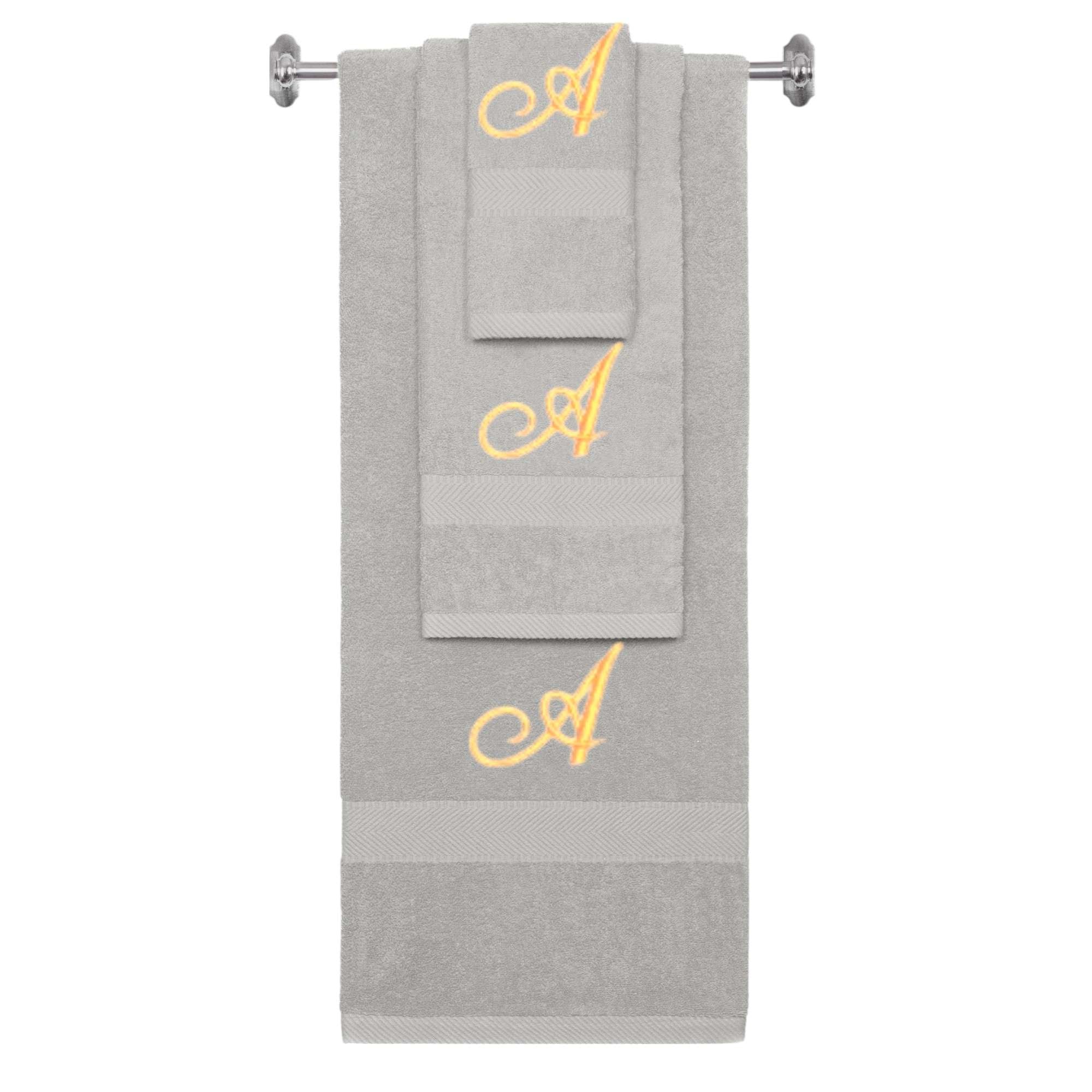 Silver monogrammed towel set with Gold thread, Diana Script font, initial A - 540 GSM cotton 3-piece