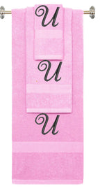 Pink monogrammed towel set with Black thread, Diana Script font, initial U - 540 GSM cotton 3-piece